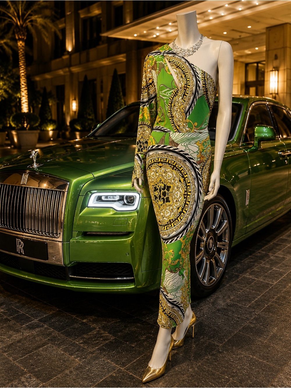 One-Shoulder Green Baroque Print Jumpsuit